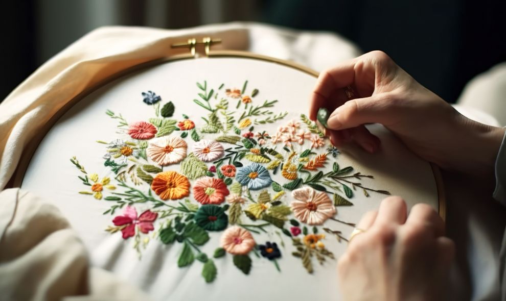 Close up shot of woman hands doing flower embroidery. Unrecognizable person. Generative AI